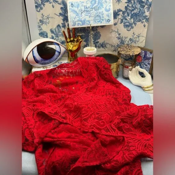 🆕 ALEXANDRA MIRO 🧿 NWOT Kara Long Boylen Sleeve Kaftan, Red Lace - Sz XS - Picture 12 of 14